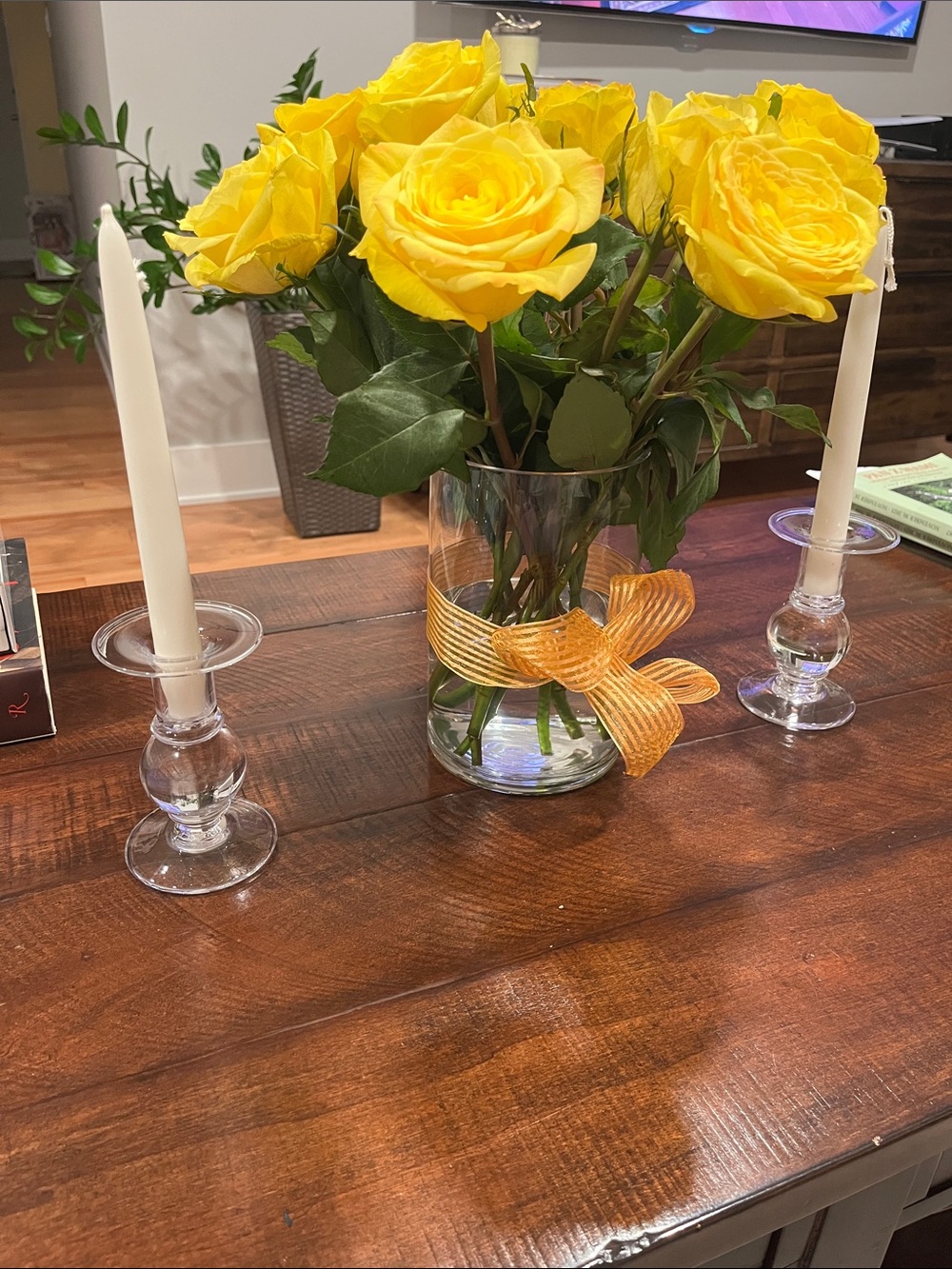 Simon Pearce Clear Glass Vase with Yellow Roses and Orange Ribbon